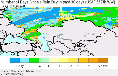 Russian Federation Number of Days Since a Rain Day in past 30 days (USAF 557th WW) Thematic Map For 3/6/2023 - 3/10/2023