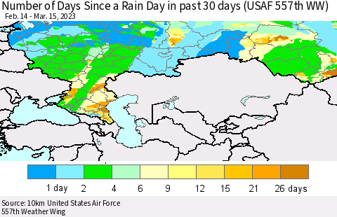 Russian Federation Number of Days Since a Rain Day in past 30 days (USAF 557th WW) Thematic Map For 3/11/2023 - 3/15/2023