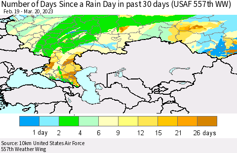 Russian Federation Number of Days Since a Rain Day in past 30 days (USAF 557th WW) Thematic Map For 3/16/2023 - 3/20/2023