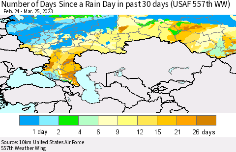 Russian Federation Number of Days Since a Rain Day in past 30 days (USAF 557th WW) Thematic Map For 3/21/2023 - 3/25/2023