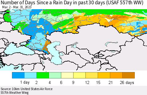 Russian Federation Number of Days Since a Rain Day in past 30 days (USAF 557th WW) Thematic Map For 3/26/2023 - 3/31/2023