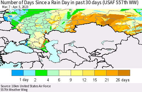 Russian Federation Number of Days Since a Rain Day in past 30 days (USAF 557th WW) Thematic Map For 4/1/2023 - 4/5/2023