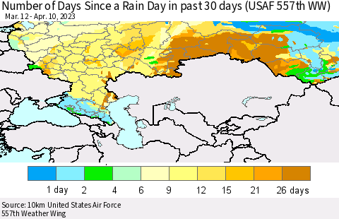 Russian Federation Number of Days Since a Rain Day in past 30 days (USAF 557th WW) Thematic Map For 4/6/2023 - 4/10/2023
