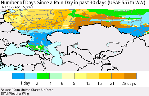 Russian Federation Number of Days Since a Rain Day in past 30 days (USAF 557th WW) Thematic Map For 4/11/2023 - 4/15/2023