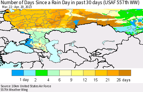Russian Federation Number of Days Since a Rain Day in past 30 days (USAF 557th WW) Thematic Map For 4/16/2023 - 4/20/2023