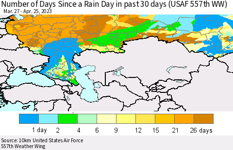 Russian Federation Number of Days Since a Rain Day in past 30 days (USAF 557th WW) Thematic Map For 4/21/2023 - 4/25/2023