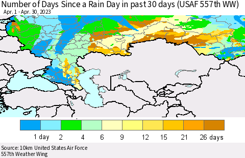 Russian Federation Number of Days Since a Rain Day in past 30 days (USAF 557th WW) Thematic Map For 4/26/2023 - 4/30/2023
