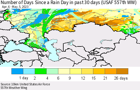 Russian Federation Number of Days Since a Rain Day in past 30 days (USAF 557th WW) Thematic Map For 5/1/2023 - 5/5/2023