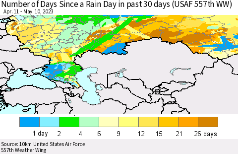Russian Federation Number of Days Since a Rain Day in past 30 days (USAF 557th WW) Thematic Map For 5/6/2023 - 5/10/2023