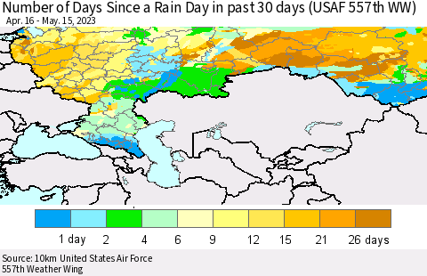 Russian Federation Number of Days Since a Rain Day in past 30 days (USAF 557th WW) Thematic Map For 5/11/2023 - 5/15/2023