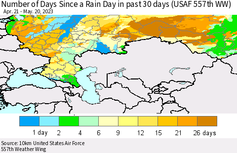 Russian Federation Number of Days Since a Rain Day in past 30 days (USAF 557th WW) Thematic Map For 5/16/2023 - 5/20/2023