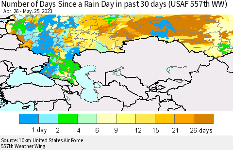 Russian Federation Number of Days Since a Rain Day in past 30 days (USAF 557th WW) Thematic Map For 5/21/2023 - 5/25/2023