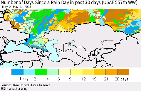 Russian Federation Number of Days Since a Rain Day in past 30 days (USAF 557th WW) Thematic Map For 5/26/2023 - 5/31/2023