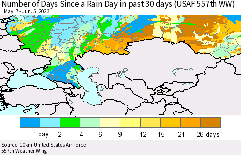 Russian Federation Number of Days Since a Rain Day in past 30 days (USAF 557th WW) Thematic Map For 6/1/2023 - 6/5/2023