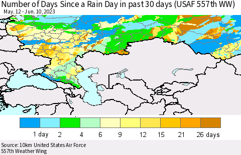 Russian Federation Number of Days Since a Rain Day in past 30 days (USAF 557th WW) Thematic Map For 6/6/2023 - 6/10/2023