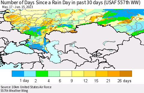Russian Federation Number of Days Since a Rain Day in past 30 days (USAF 557th WW) Thematic Map For 6/11/2023 - 6/15/2023