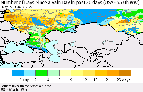 Russian Federation Number of Days Since a Rain Day in past 30 days (USAF 557th WW) Thematic Map For 6/16/2023 - 6/20/2023