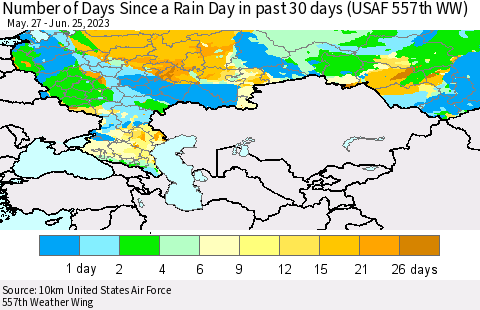 Russian Federation Number of Days Since a Rain Day in past 30 days (USAF 557th WW) Thematic Map For 6/21/2023 - 6/25/2023