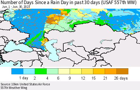 Russian Federation Number of Days Since a Rain Day in past 30 days (USAF 557th WW) Thematic Map For 6/26/2023 - 6/30/2023