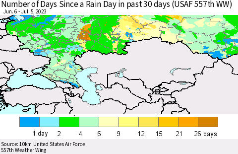 Russian Federation Number of Days Since a Rain Day in past 30 days (USAF 557th WW) Thematic Map For 7/1/2023 - 7/5/2023