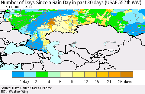 Russian Federation Number of Days Since a Rain Day in past 30 days (USAF 557th WW) Thematic Map For 7/6/2023 - 7/10/2023
