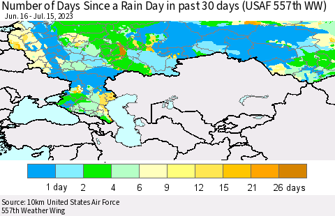 Russian Federation Number of Days Since a Rain Day in past 30 days (USAF 557th WW) Thematic Map For 7/11/2023 - 7/15/2023