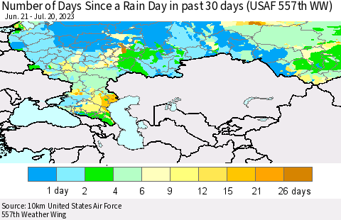 Russian Federation Number of Days Since a Rain Day in past 30 days (USAF 557th WW) Thematic Map For 7/16/2023 - 7/20/2023