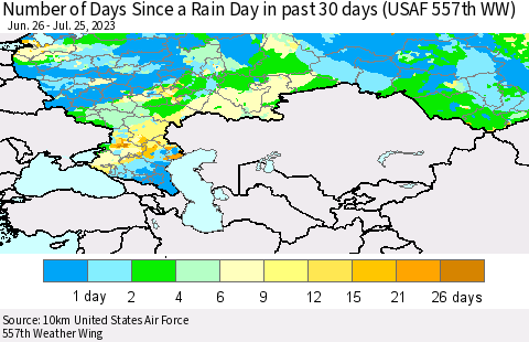 Russian Federation Number of Days Since a Rain Day in past 30 days (USAF 557th WW) Thematic Map For 7/21/2023 - 7/25/2023