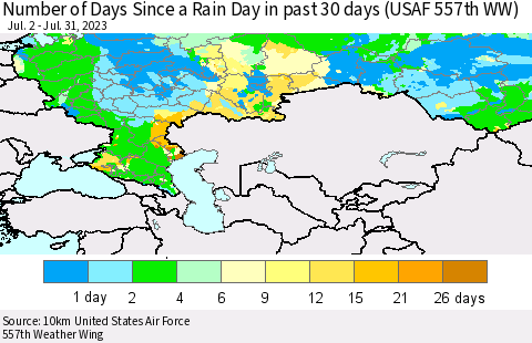 Russian Federation Number of Days Since a Rain Day in past 30 days (USAF 557th WW) Thematic Map For 7/26/2023 - 7/31/2023