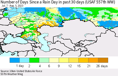 Russian Federation Number of Days Since a Rain Day in past 30 days (USAF 557th WW) Thematic Map For 8/1/2023 - 8/5/2023