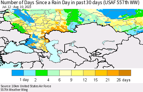 Russian Federation Number of Days Since a Rain Day in past 30 days (USAF 557th WW) Thematic Map For 8/6/2023 - 8/10/2023