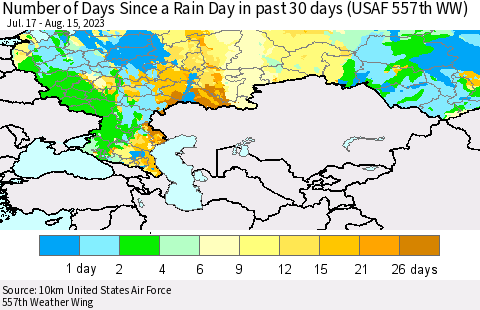 Russian Federation Number of Days Since a Rain Day in past 30 days (USAF 557th WW) Thematic Map For 8/11/2023 - 8/15/2023
