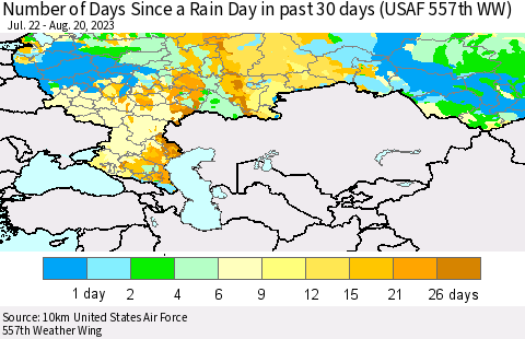 Russian Federation Number of Days Since a Rain Day in past 30 days (USAF 557th WW) Thematic Map For 8/16/2023 - 8/20/2023
