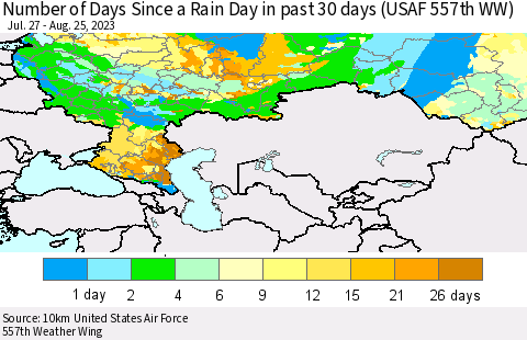 Russian Federation Number of Days Since a Rain Day in past 30 days (USAF 557th WW) Thematic Map For 8/21/2023 - 8/25/2023