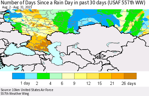 Russian Federation Number of Days Since a Rain Day in past 30 days (USAF 557th WW) Thematic Map For 8/26/2023 - 8/31/2023