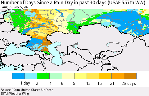 Russian Federation Number of Days Since a Rain Day in past 30 days (USAF 557th WW) Thematic Map For 9/1/2023 - 9/5/2023