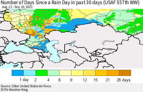 Russian Federation Number of Days Since a Rain Day in past 30 days (USAF 557th WW) Thematic Map For 9/6/2023 - 9/10/2023