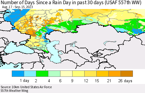 Russian Federation Number of Days Since a Rain Day in past 30 days (USAF 557th WW) Thematic Map For 9/11/2023 - 9/15/2023