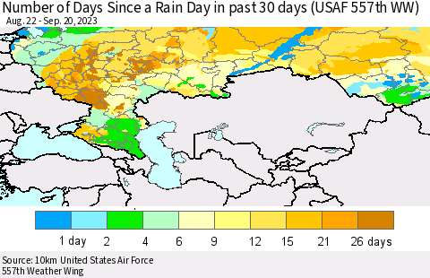 Russian Federation Number of Days Since a Rain Day in past 30 days (USAF 557th WW) Thematic Map For 9/16/2023 - 9/20/2023