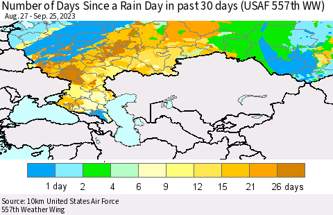 Russian Federation Number of Days Since a Rain Day in past 30 days (USAF 557th WW) Thematic Map For 9/21/2023 - 9/25/2023