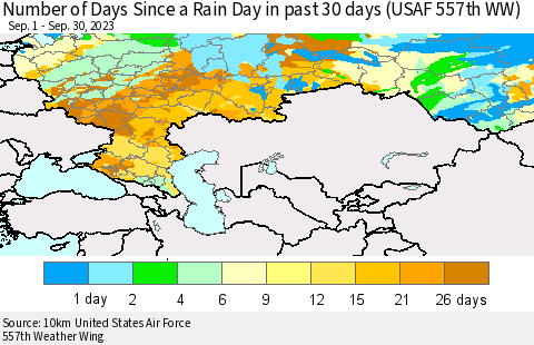 Russian Federation Number of Days Since a Rain Day in past 30 days (USAF 557th WW) Thematic Map For 9/26/2023 - 9/30/2023