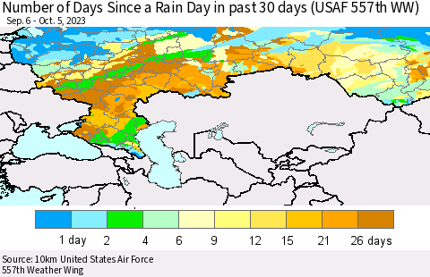 Russian Federation Number of Days Since a Rain Day in past 30 days (USAF 557th WW) Thematic Map For 10/1/2023 - 10/5/2023