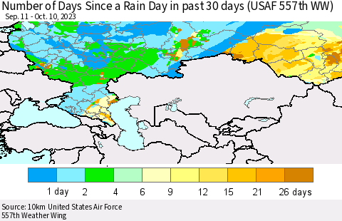 Russian Federation Number of Days Since a Rain Day in past 30 days (USAF 557th WW) Thematic Map For 10/6/2023 - 10/10/2023