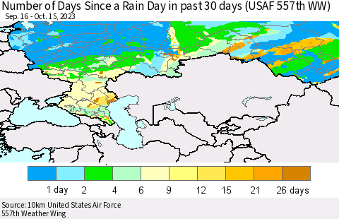Russian Federation Number of Days Since a Rain Day in past 30 days (USAF 557th WW) Thematic Map For 10/11/2023 - 10/15/2023