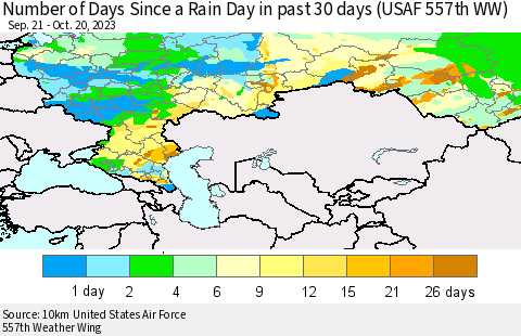 Russian Federation Number of Days Since a Rain Day in past 30 days (USAF 557th WW) Thematic Map For 10/16/2023 - 10/20/2023