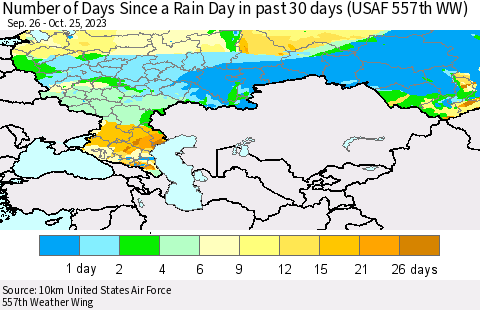 Russian Federation Number of Days Since a Rain Day in past 30 days (USAF 557th WW) Thematic Map For 10/21/2023 - 10/25/2023