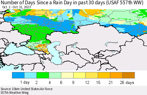 Russian Federation Number of Days Since a Rain Day in past 30 days (USAF 557th WW) Thematic Map For 10/26/2023 - 10/31/2023