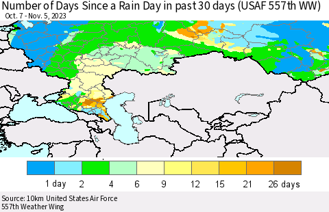 Russian Federation Number of Days Since a Rain Day in past 30 days (USAF 557th WW) Thematic Map For 11/1/2023 - 11/5/2023