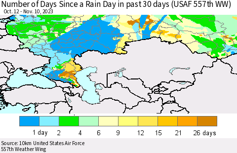 Russian Federation Number of Days Since a Rain Day in past 30 days (USAF 557th WW) Thematic Map For 11/6/2023 - 11/10/2023