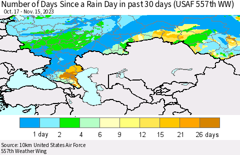 Russian Federation Number of Days Since a Rain Day in past 30 days (USAF 557th WW) Thematic Map For 11/11/2023 - 11/15/2023